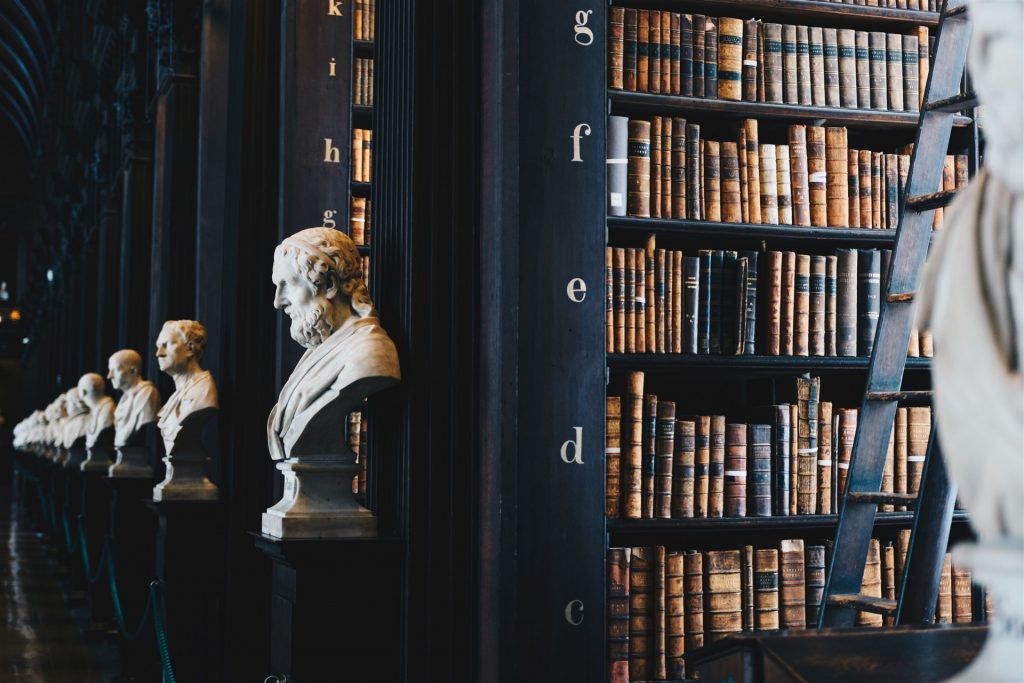 Statues en marbre devant une librairie aux étagères fournies de livres en droit